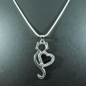 Silver Cat Heart Rhinestone Pendant Necklace
